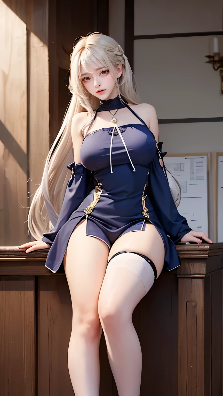 1girl, blonde hair, hair ornament, bare shoulders, closed mouth, green eyes, ponytail, hairclip, hair over one eye, BREAK BREAK indoors, classroom,school, BREAK looking at viewer, BREAK (masterpiece:1.2), best quality, high resolution, unity 8k wallpaper, (illustration:0.8), (beautiful detailed eyes:1.6), extremely detailed face, perfect lighting, extremely detailed CG, (perfect hands, perfect anatomy),room,night,skinny fit,small ass,full body,stockings,cleavege,neckline,black choker, purple dress, sleeveless, gloves.