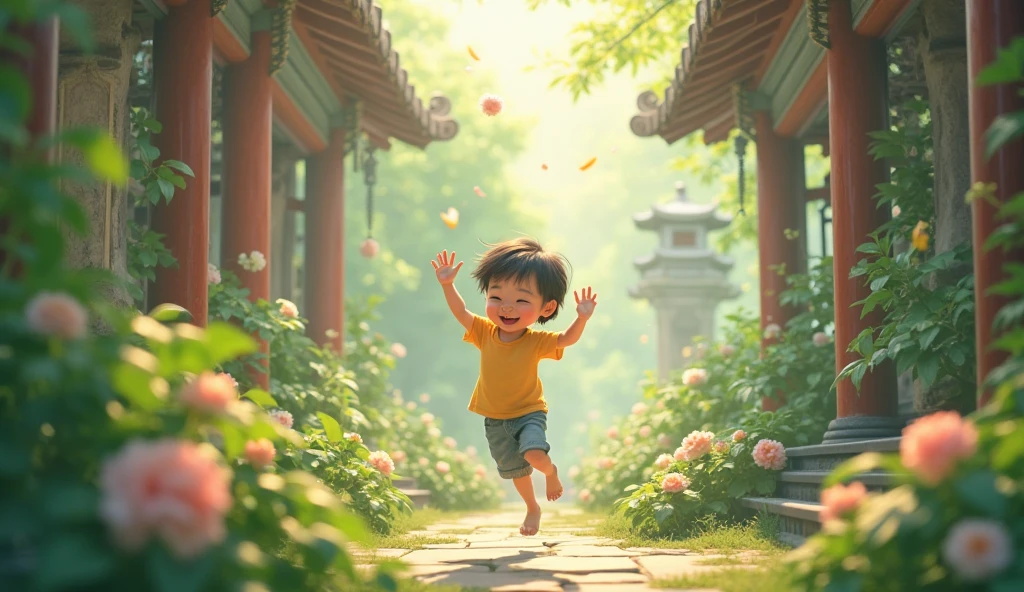 a boy playing with toys in the surrounding of forest and cloudy weather. the boy wearing white shirt and black shorts. the image should be in infinity looking