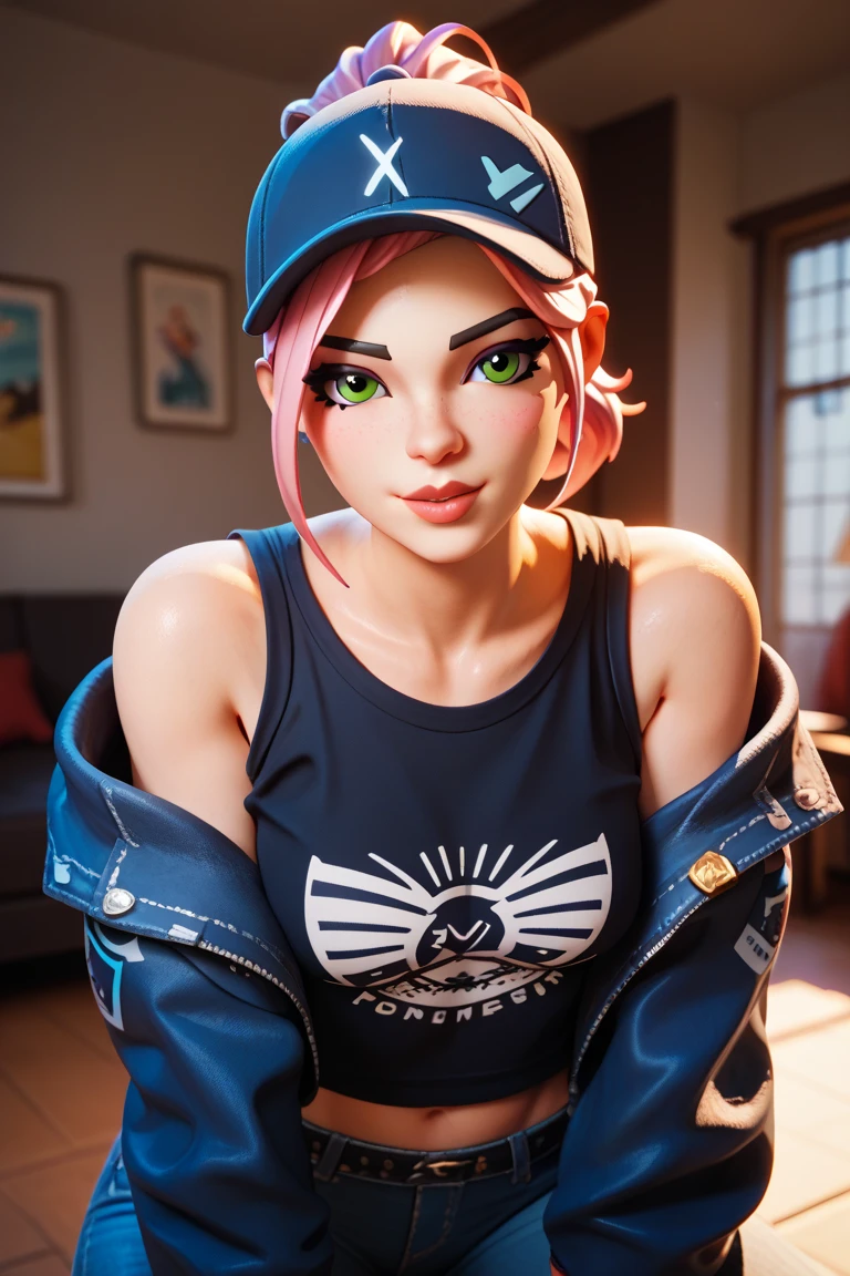 masterpiece, best quality:1.2), solo, 1girl, (obra maestra), (Mejor calidad), de pie, (solo), mirando al espectador, alto detallado,Extremadamente detallado, Ojos finos, sonrisa,dynamic pose, pelo corto rosa,gorra,top corto, chaqueta,guante sin dedos,con curvas,bosque,anteojos,(leggins grises),(retrato:1.2), ((anime style))