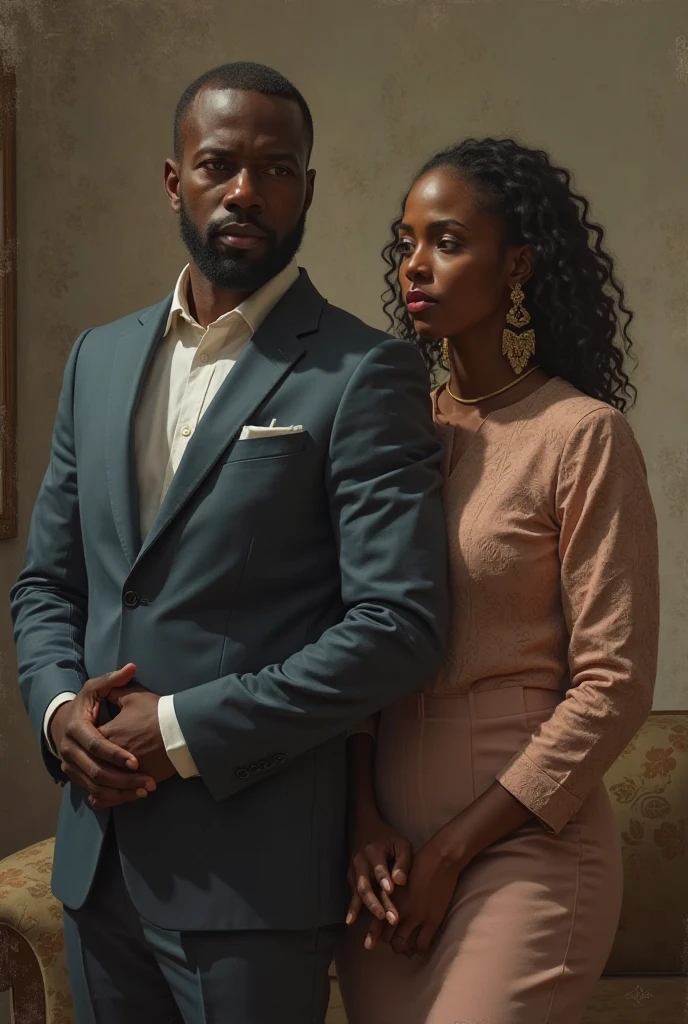 African bride, seated in a luxurious wedding dress, holding a bouquet, her wrists bound with chains that rest heavily on her lap. Behind her stands a tall, imposing African man in a suit jacket, his presence dominating. His gaze is fixed on her, exuding control and authority. The contrast between her delicate, seated form and the powerful figure behind her creates an intense atmosphere of tension, captivity, and restrained emotion, beautiful photography