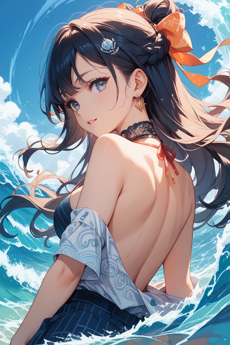 masterpiece、ultra-quality、ultra-detailliert、Perfect drawing、独奏、girl with、((maikurobikini))、Round and cute buttocks、ample breasts(H Cup Bust)、((bulging bust top))、red blush:(0.2)、perspiring、{{{sun burn:(1.5)}}}、A smile、18year old、blue-sky、cumulonimbus clouds、glowing sun、shores、sand beach、Shot from diagonally below the back、bustup、see -through、beatiful backgrounds、Accurate drawing、Detailed drawing