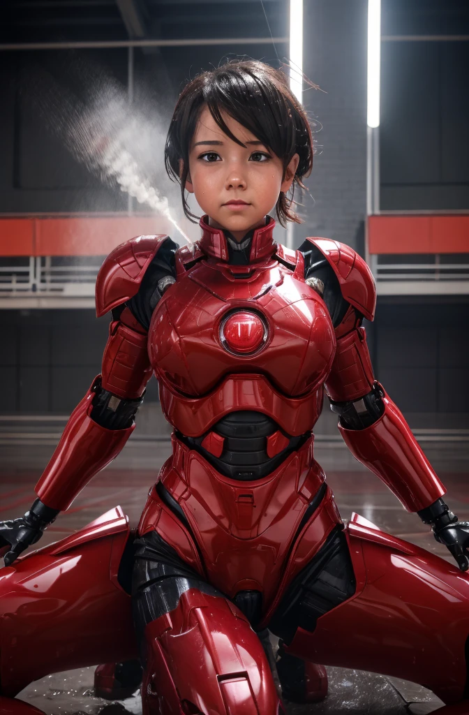 Highest quality　8k Iron Man Suit Girl　Elementary school girl　Sweaty face　cute　short hair　boyish　Steam coming from the head　My hair is wet with sweat　Black Hair　From below,Butt focus, ,)),((Wet pussy:1.2)),(bare hands),Crying face,((From behind:1.2)),((Butt)),((On all fours:1.2)),(Buttを高く上げましょう:1.2)、Buttを広げる From belowのアングル