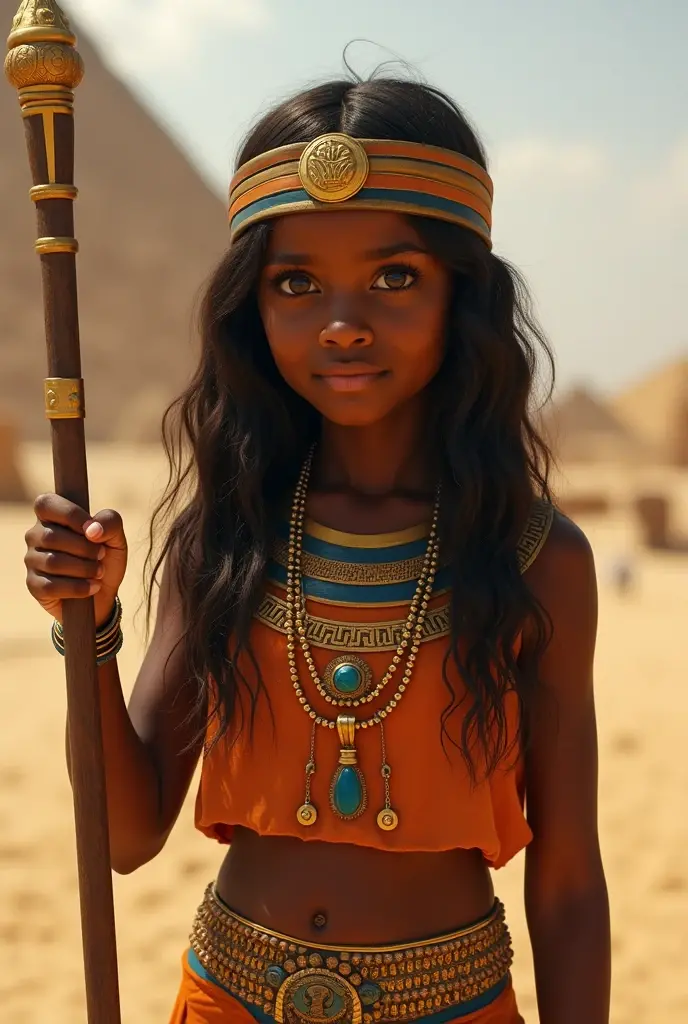 (masterpiece), best quality, expressive eyes, perfect face, cowboy shot, realistic, shiny skin, sweat, 1girl, dark skinned female, cleavage, , 9 years old girl, cute, solo, small breasts, egyptian clothes, holding staff, at temple, pyramid,