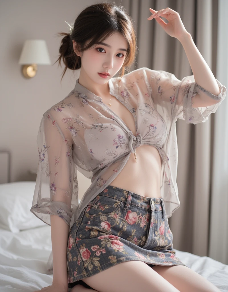 8k, ultra detailed, physically-based rendering, Kpop idol, bedroom, night, perfect skin, sexy, make happy expressions, intricate lace hair ornament, soft lights, best quality, large breasts,chinese,even