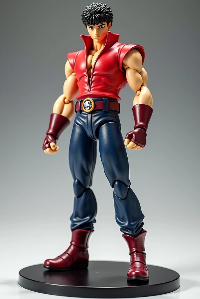 Make a super muscular boy, he should be wearing a red jacket and black pants and brown hair