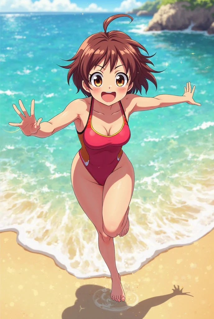 Beautiful woman, age 35, (((full body))), centered, brunette, curly hair, running, smiling, wearing bikini, in the beach, intricate details, high definition!
