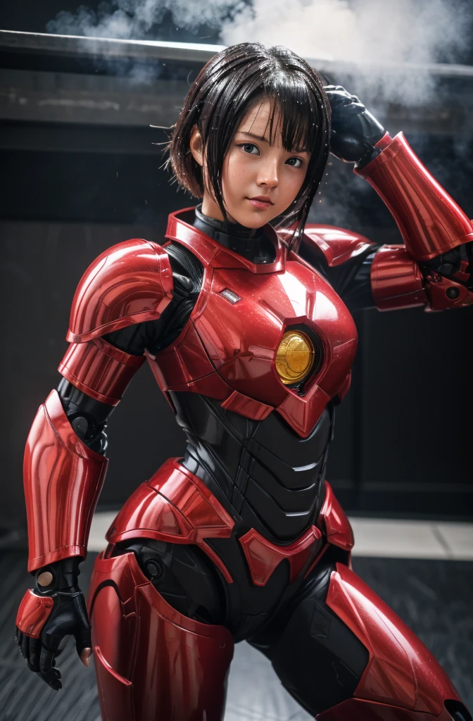 Ultraman、Realistic、realisitic、Cinematic lighting, Woman in shiny red and silver suit、professional photograpy、Does not expose the skin, Japanese Models, japanese cgi、Ultraman、, power ranger、Tight thin cyber suit,whole body rubbery、pink there、 fleshy body, large boob、big butts、Big belly、thick thight、thick arms、both sides、 Round face、Fat face、chubby cheeks、Sauce order、big eye、Short-haired black hair、Facing the front、Standing facing the front、A glowing sphere is embedded in the chest、Big as Gulliver、 Urban area、buliding、A city scape、