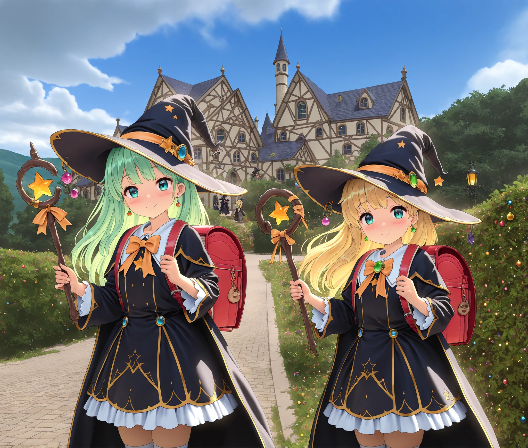 Masterpiece, hd, 2d, anime, 2girl, 2 girl standing, green hair, blonde hair, wearing witch hat, ornaments, jewelry, earrings, wearing black witch robe, dress, bowtie, witch dress, white thighhighs, wearingrandoseru backpack, wearing brown backpack, smile, blush, standing, outdoor, holding wand