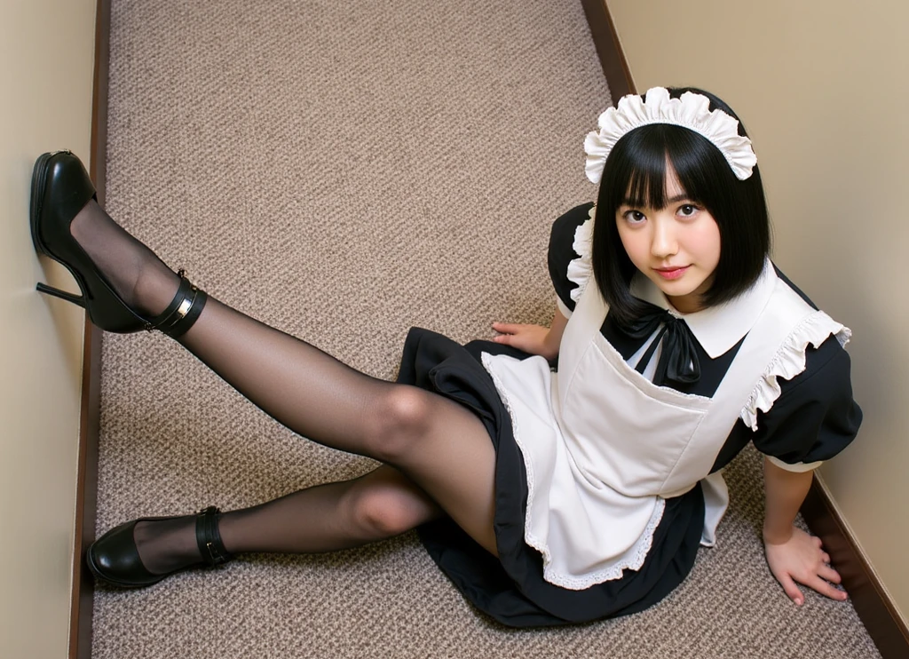 Long black hair , Wearing a maid outfit, Kneel, Feet and five fingers, More meat, background backlightHD