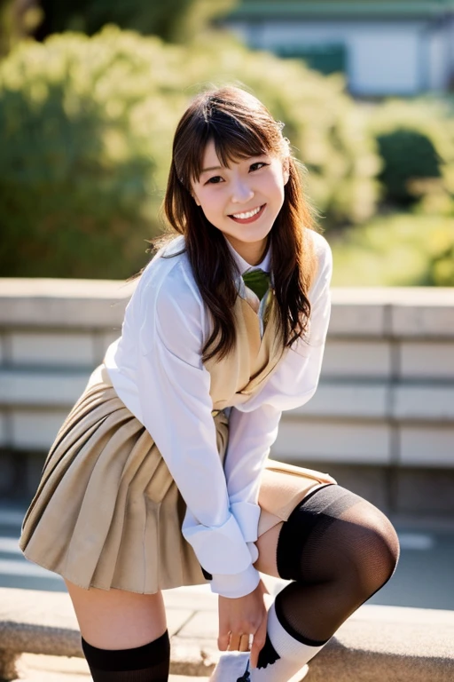 (((cowboy shot))),Ultra-high resolution,big eyes,(brown eyes),Japanese,(forehead),(a girl),(1 girl),(()),(cute),pretty,((facing at viewer)),grin,(((white school sailor uniform))),pleated skirt,(sitting),(thick thighs)