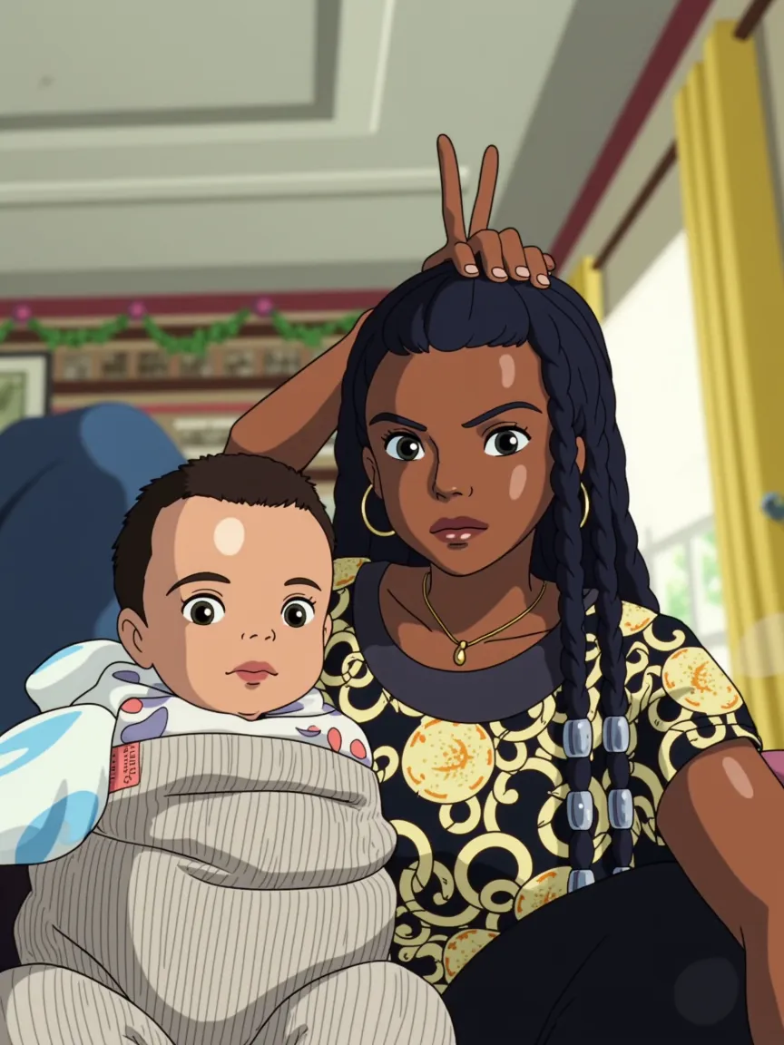 (master part:1.4, best quality), (detalhes intrincados), Unity 8k papel de parede, Ultra Detalhado, (pastels colors:1.3), (renda) Clothes, Beautiful and Aesthetic, 1girl, corpo com pele negro, cabelo preto cacheado black Power, with a baby on your lap.