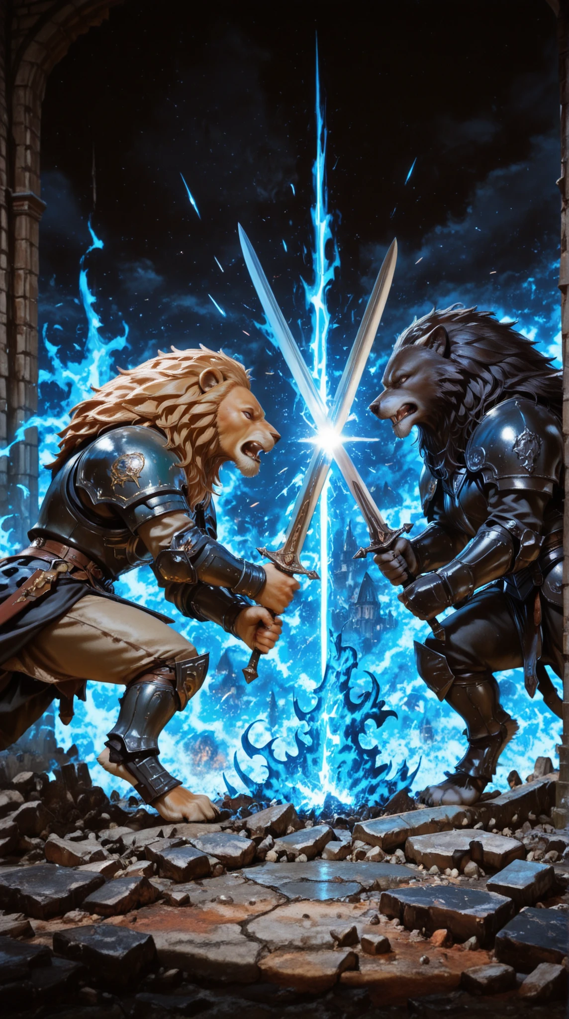 lion vs wolf, (2 knights facing off each other) ,(2 swords clash),flares,war, (1 Wolf Knight on the left:1.1, 1 lion knight on the right),lion knights VS Wolf knights, detailed fantasy battle scene, armored lion warriors vs werewolf knights, medieval castle ruins background, epic magical clash, dramatic dynamic lighting, cinematic high contrast, rich colors vivid palette, unreal engine photorealistic rendering, 4K, highly detailed, masterpiece, Duel in war, blue flames, galaxy