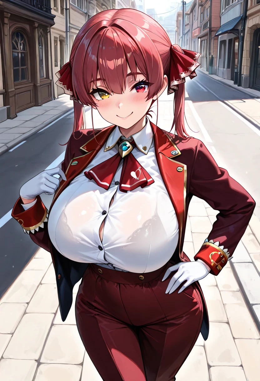 A short red haired Heterochromia anime girl with big breasts wearing a sexy police outfit in a field full of trees and cherry trees