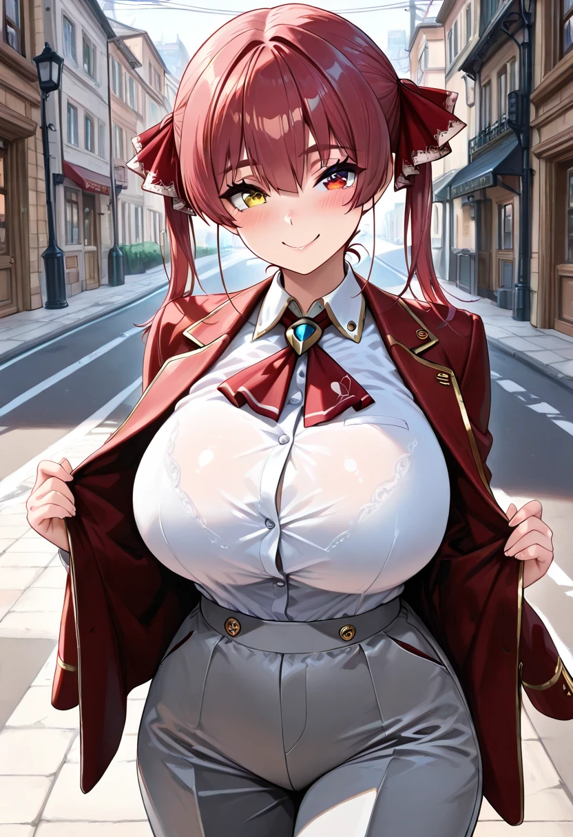 最高masterpiece、Wolf Girl, Large Breasts, Voluminous light red hair, masterpiece , Red eyes, hd, Thick thighs, Head to Chest, buried in my chest、Double teeth、tooth、Chubby、Grinning、Bunny girl、Big Tits、Jacket、white iris、