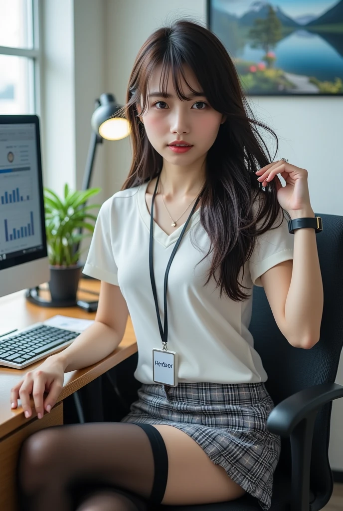 One girl sitting on an office chair,computer,(european model:1.3),31 years old,Delicate,business women's clothing,(Jacket:1.1),(shirt:1.1),(Wrap skirt:1.1),jewelry,socks,stockings,黒のレンスstockings,It gives me goosebumps,Goose - meat,(Faithfulness:1.3),Filigree,quality,(masterpiece:1.2),(Faithfulness:1.2),(最高quality),(Skin details:1.3),(Intricate details),dramatic,Ray Tracing,photograph,In the Shadows,Visual novel,Skyscraper boss's office,Windows with city views,Film Grain,Depth of written boundary