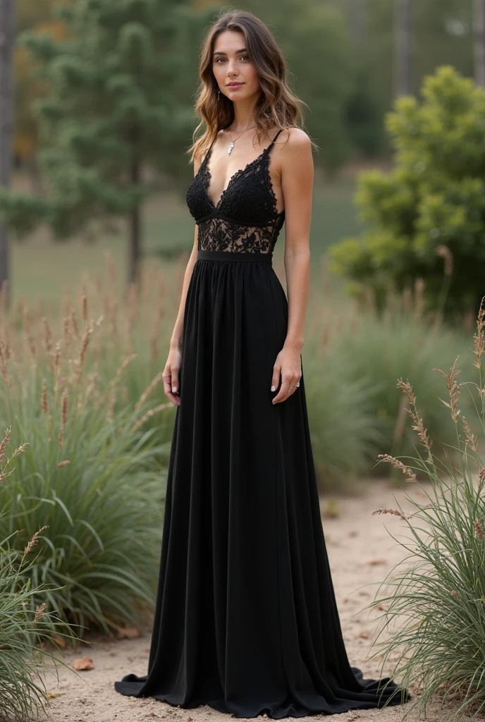 Hyper realistic and detailed full body photo, gorgeous 21 year old spanish girl, dark drown hair, smiling, athletic hourglass figure, accentuated by her small firm bust, standing in a park, wearing a yellow and black elegant summer dress with lace, perfect eyes, (Eye makeup:1.1), (highly detailed skin:1.1), RAW, analog style, sharp focus, 8k UHD, DSLR, high quality, Fujifilm XT3, grain, award winning, masterpiece
