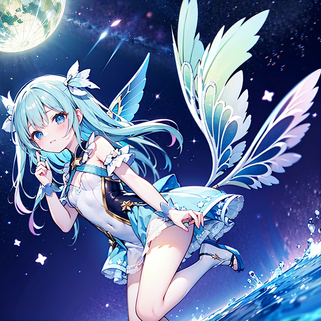 ((Ultra-detailed)), ((Best Illustration)), ((Cinema lighting)), Dynamic Angle, floating, Are you okay, (flash: 1.2), (Shine: 1.2), (Shine: 1.2), "(highest quality), Ultra-detailed depiction of beautiful girls, Light blue long hair、Twin tails、 Adorable smile、Flying on Pegasus、Great background、Fantasy、Fairy World、Fairy World、In a magical forest、Beautiful lake、Surrounded by a large pure white owl and bright plants、Cinematic Colors、fresh, Starry Sky、dazzling moonlight、Big Moon、shooting star、milky way、A vibrant flower々