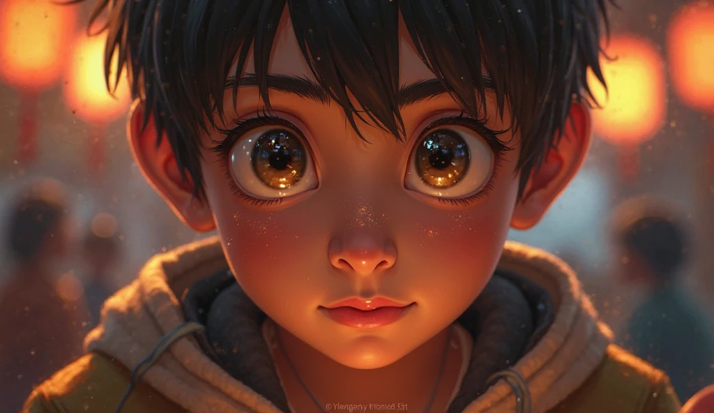 Create a non-realistic character of an 18-year-old boy who likes to play video games, messy hair, black eyes, dark skin