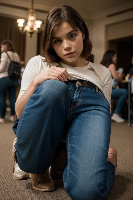 8k, RAW photo, best quality, ultra high resolution, photorealistic, slim girl with black purple short undercut haircut, in bed, reading a comic book, smiling, legs, socks, five fingers, arm