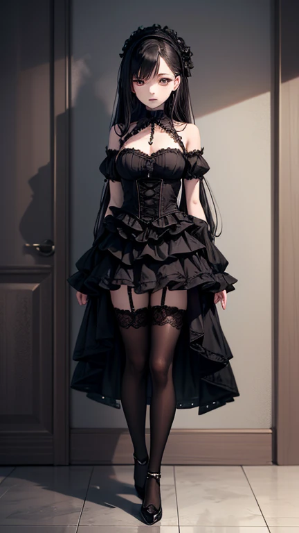 (masterpiece:1.2), (highest quality:1.2), Perfect Eyes, Perfect Face, Perfect lighting, One girl, Mature goth girl woman standing with hands out in front of her, Long Hair, Complicated hairstyle, compensate, Black Lips, Thick eyelashes, sad, melancholy, Dressed as a goth girl, Black and white dress, Frills, ribbon, Puffy sleeves, Exposing shoulders, Lace choker, jewelry, peaceful, quiet, Chill, Detailed outdoor background, Beautiful Landscape, Fantasy, summer, sunny, Sunburned, Flowers, wood , masterpiece), best quality, expressive eyes, perfect face ,beautiful blue eyes, mascara,white body skin, blushing face, beautiful smile, beautiful juicy black colured lipstick , Stick to dark colors or shades of black with subtle accents in neutrals or white. , open beautiful white neck,big beautiful curved breasts slim figured, curved back,Wear a collared off shoulder shirt with dark skirt or a black skirt of any length. Wear corsets for a dressy touch. Corsets are a staple of the feminine side of gothic fashion long legs, net net pantyhose, black heels, beautiful blue moon view background , beautiful thighs wearing heals in foot, standing on heels, full shot pic, contraappsto , standing on