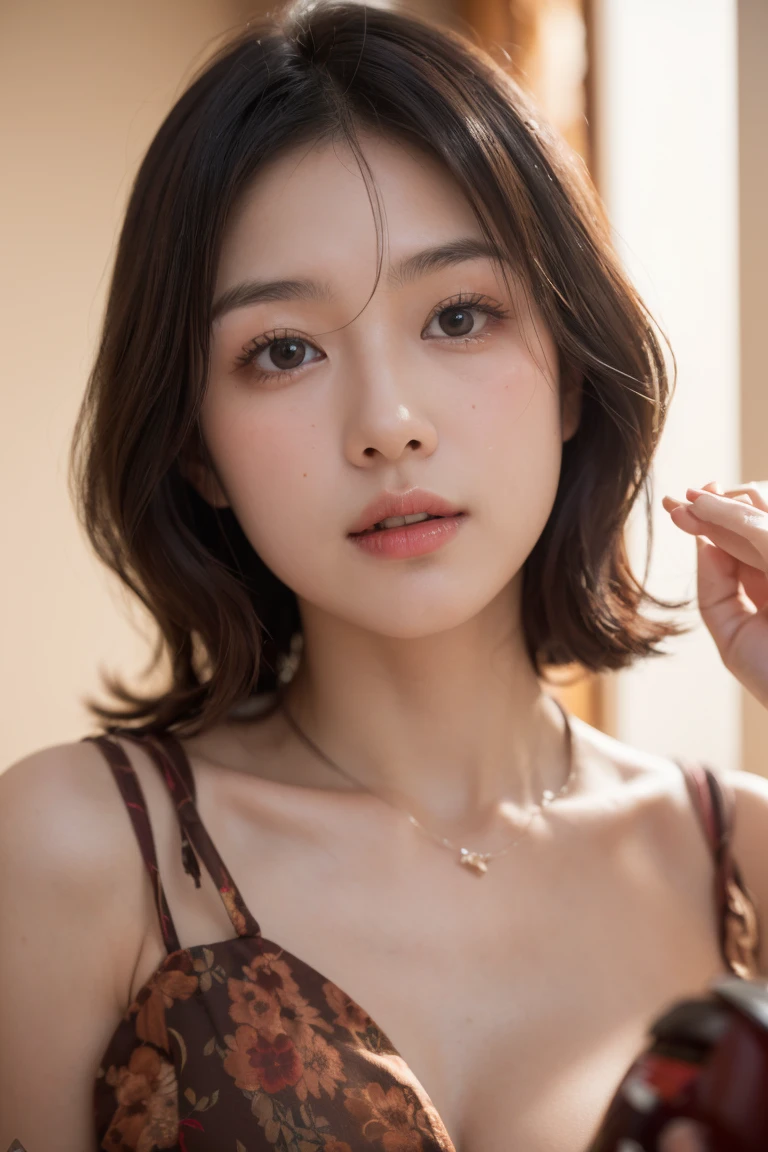 (Best quality,8K,tmasterpiece:1.3),vibrant with colors,portrait photo of,1 Korean girl,Sweet and cute,Happy expression,Short hair details,Wearing a necklace,attractive collarbone,unique connotation,Detailed close-up of facial features,vague background