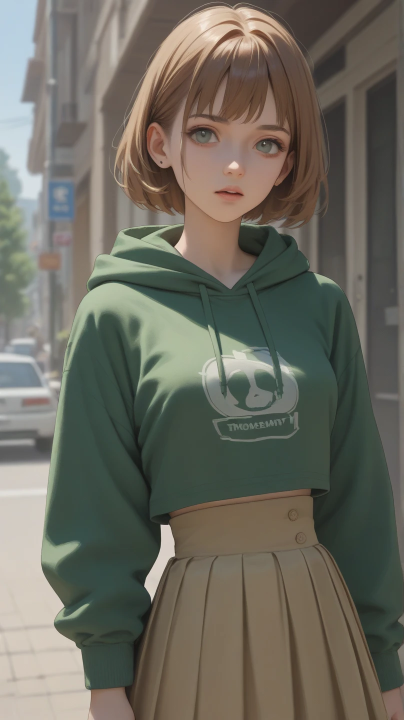 A stunning and intricate full color Ultra-HD portrait, a 13 year old girl, short brown hair, green eyes, detailed face, turtleneck dress or brown t-shirt, with 2 pale yellow palm tree logo, in a room with a window. no plants, epic character composition, alessio albi, nina masic, sharp focus, natural lighting. , subsurface dispersion, f2, 35mm,