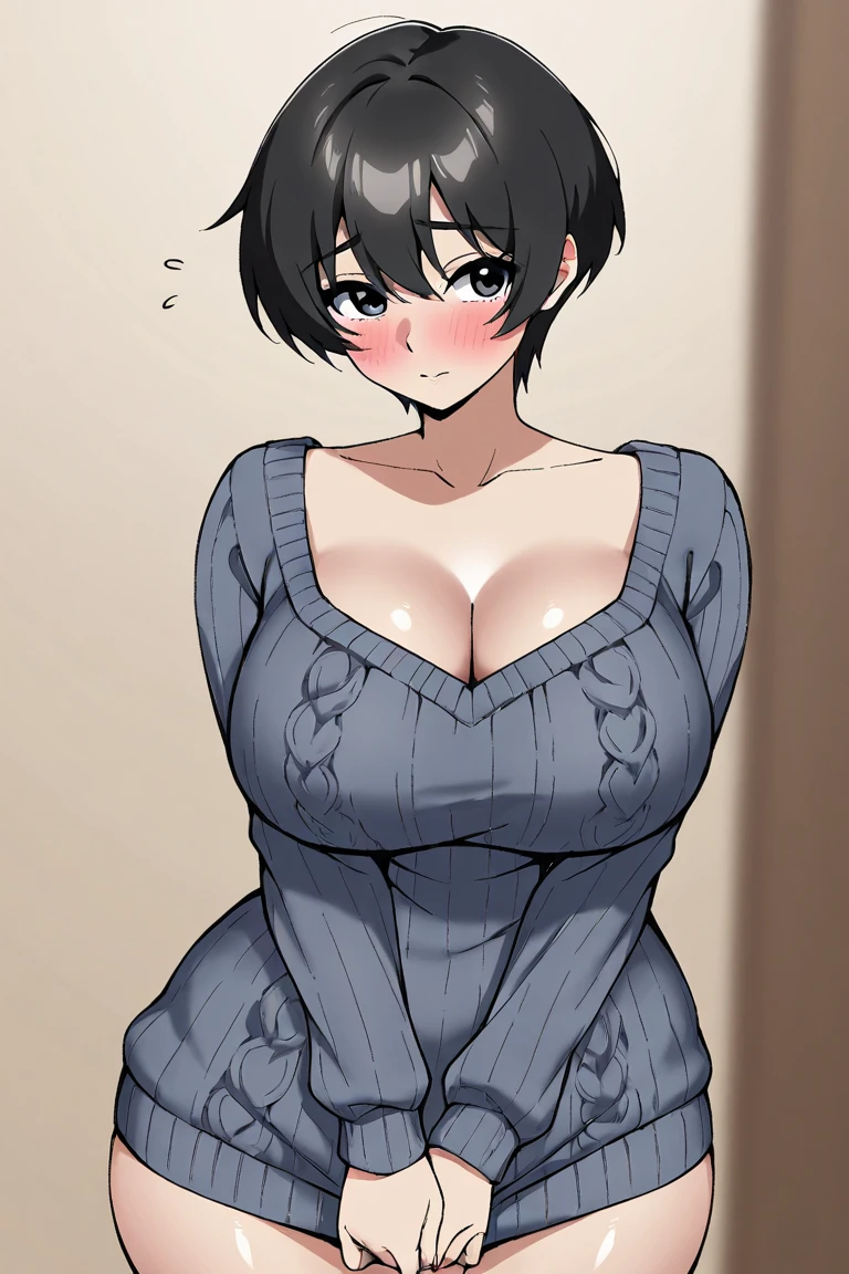 masterpiece, 16k, Japanese, 1 female ,60 years old ,(Wear a black camisole dress over a white long-sleeved vertical knit sweater:1.2) ,(Big Breasts:1.5) ,Cleavage ,Chubby, Realistic, double eyelid, Textured skin, 1080p, Canon, 8k, Very detailed, Accurate, highest quality、impatience、Sweat:1.5、blush、Embarrassed face、smile、（Tight waist、Big Ass）