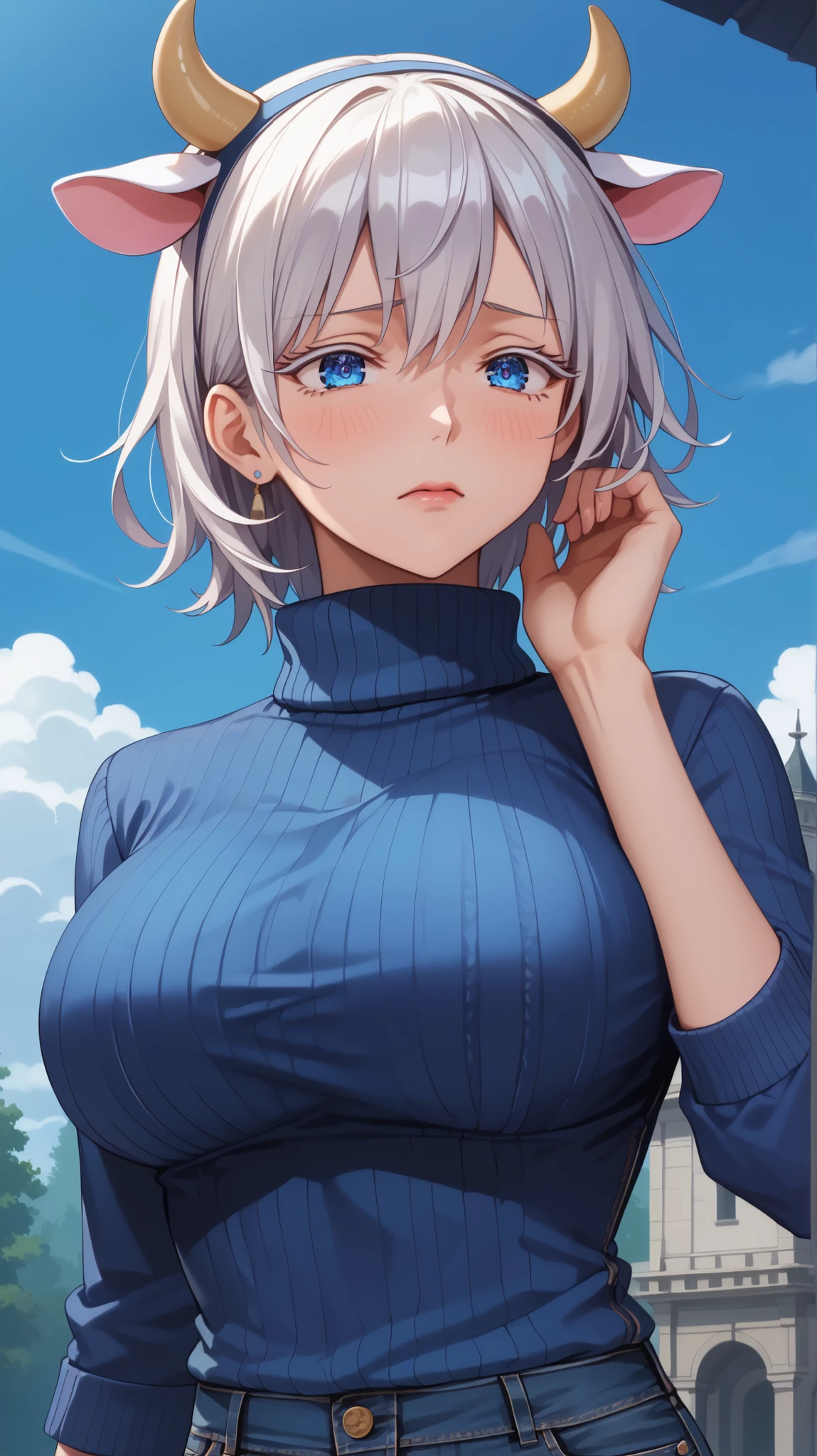 (((masterpiece))), ShizukaMikazuki, 1girl, solo, looking at viewer, short hair, white hair,blue eyes, long sleeves, cleavage, big breasts, closed mouth, collarbone, jacket, open clothes, open jacket, blue jacket, ground vehicle, sports bra,senior high School