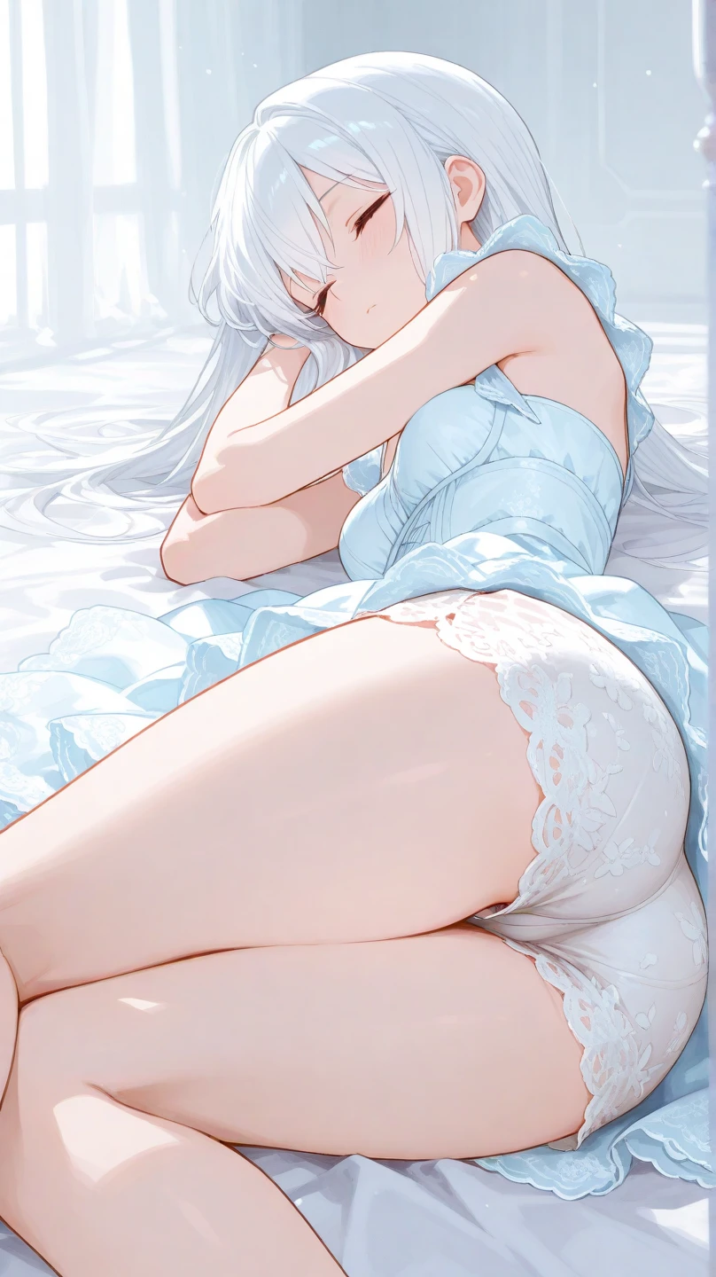 super high quality, with a girl, 20-year-old, very short hair, long bangs between the eyes, pale blue eyes , blue sky, sunlight, very detailed,(masterpiece、highest quality)、alone、gray hair、laughter、White skin as clear as snow、fantasy, silver hair, black eye, beautiful eyes,, ecstasy, charm, be smitten with audience, fantasyな風景、evening、lying in bed、pajamas