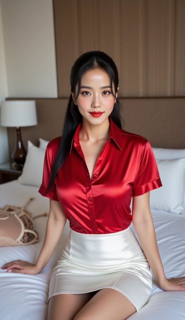 (RAW Photo, Best Quality), (Realistic, Photo Realistic: 1.3), Best Quality, Highly Detailed, Masterpiece, Ultra Detailed, 1 Girl, (cowboy shot), Dynamic Angle, Extremely Detailed CG Unified 8k Wallpaper, Amazing, Dynamic Angle, World Mastery Theater, messy_long_hair, Best Quality, detailed eyes、Extremely Detailed CG Unified 8k Wallpaper, Amazing Movie Lights, lens_flare, Detailed Face, sharp facial contours、Beautiful Rendering of Tang Dynasty, (Deliberate expression:1.5), Fireflies, sony master shot, brown hair and bangs, hi-res screenshot, normal hands, vivid colors, full face shot of limur tempest, nice studio lighting, beautiful fine face, (He is wearing only a completely transparent crimson silk dress shirt.:1.6)、(nipple:1.2)、(The shirt is completely unbuttoned.:2.0)、(No underwear:1.4)、Emphasize the cleavage、Detailed and realistic skin texture:1.2、(Kneeing pose on the bed)、A hotel room、(arms up)、Smile、small earrings