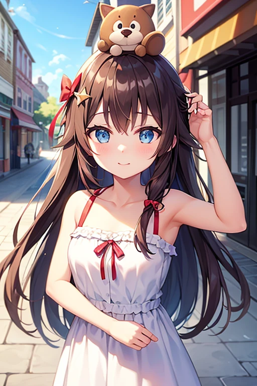 (masterpiece:1.5),(Beet quality),(High resolution),One solo,Beautiful Face,smile,(Shining Eyes),Upper Body,Light effects,Woman in summer clothes,The background is a theme park