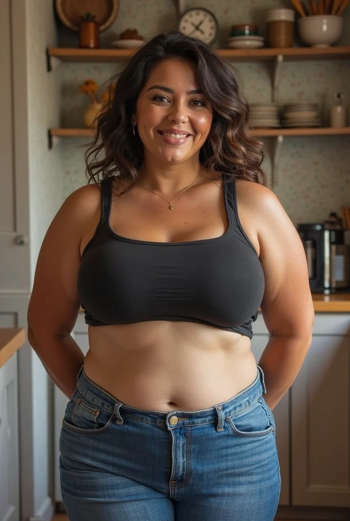  Mexican fat mom wearing blue jeans and a red crop top and her hear is in a bun
