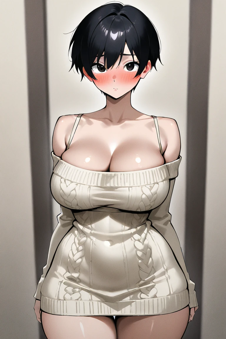 Beautiful Asian Woman,Oversized sweater、short hair、Rough stitching、Large breasts、one piece、