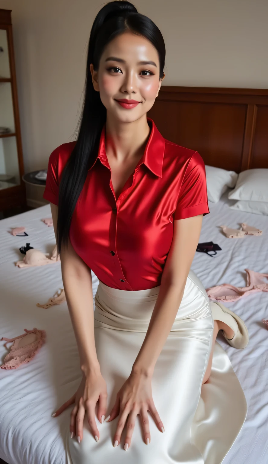 a woman, kneeling in the bedroom, shirt looks full body, body facing front, uses short sleeve muslim shirt in red satin material, Slimfit skirt long to toe satin material in white, white highheel shoes, big size G-cup, slim body, black color ponytail hair, seductive smiley face, red lips, bras and underwear strewn over the mattress,