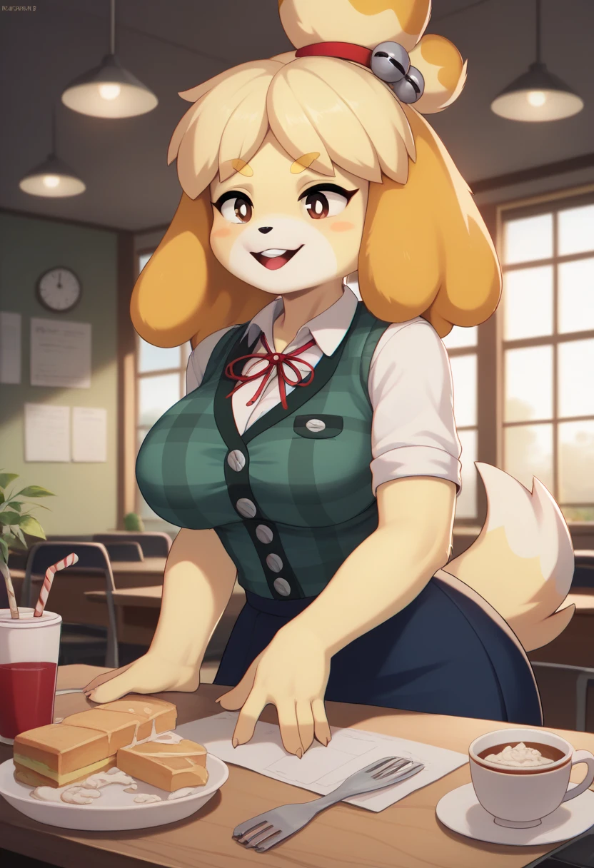 nsfw,(masterpiece, Highest quality:1.4), eye, One girl, alone, View your viewers, Are standing, smile, ((Sweat)), (Big Breasts), isa crossing, Topknot, Furry, Green cardigan, White shirt, Blue Skirt, mini skirt,((Spread your legs)), Red ribbon, Plaid, Animal Crossing, Isabel \(Animal Crossing\)