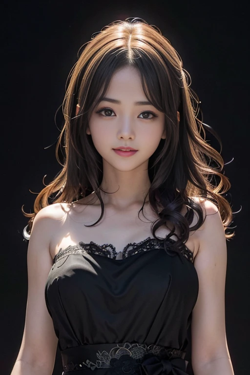 Yui, photo of female, age 15 year, perfect circle brown pupils, black shoulder length hair with brown highlights, big breasts; (rim lighting, studio lighting, dslr, ultra quality, film grain, Fujifilm XT3, crystal clear, 8K UHD, highly detailed glossy eyes, high detailed skin, skin pores); wear black dress, black stockings, side view, full body