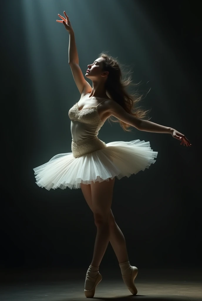 anime Illustration of a ballerina, white costume, tutu, camera perspective from underneath her thighs, showing pelvis, low shot, exposed thighs, raising arms and legs, low camera angle, showing from underneath tutu skirt, shot angle from underside, one leg raised up high, inner thighs, underwear, exposed crotch, visible groin, pubis mons, spread legs, on stage, looking from below, shot from underneath her crotch, one leg raised up, tutu blown up, upskirt shot 