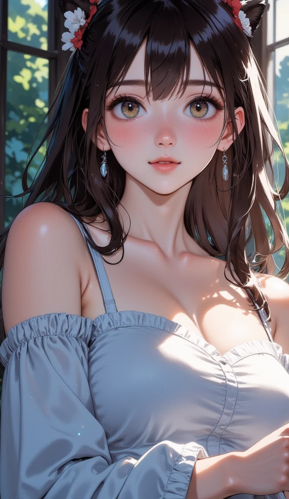 short hair, nnlnnx, (sharp focus:1.2), photo, attractive young woman, (beautiful face:1.1), detailed eyes, luscious lips, (bold red lip colour:0.85), (medium breasts:1.0), (slim body:1.2), (long hair:1.2), wearing (1980s peplum dress:1.2) in a (botanical garden:1.2). (moody lighting:1.2), depth of field, bokeh, 4K, HDR. by (James C. Christensen:1.2|Jeremy Lipking:1.1).