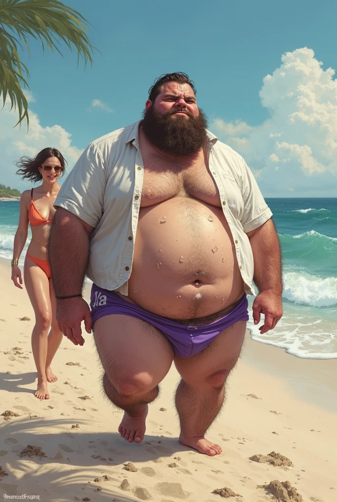 A muscle man, robust, furry, big, virile and attractive in underwear, walking embarrassed down the street, covering his crotch with his hands