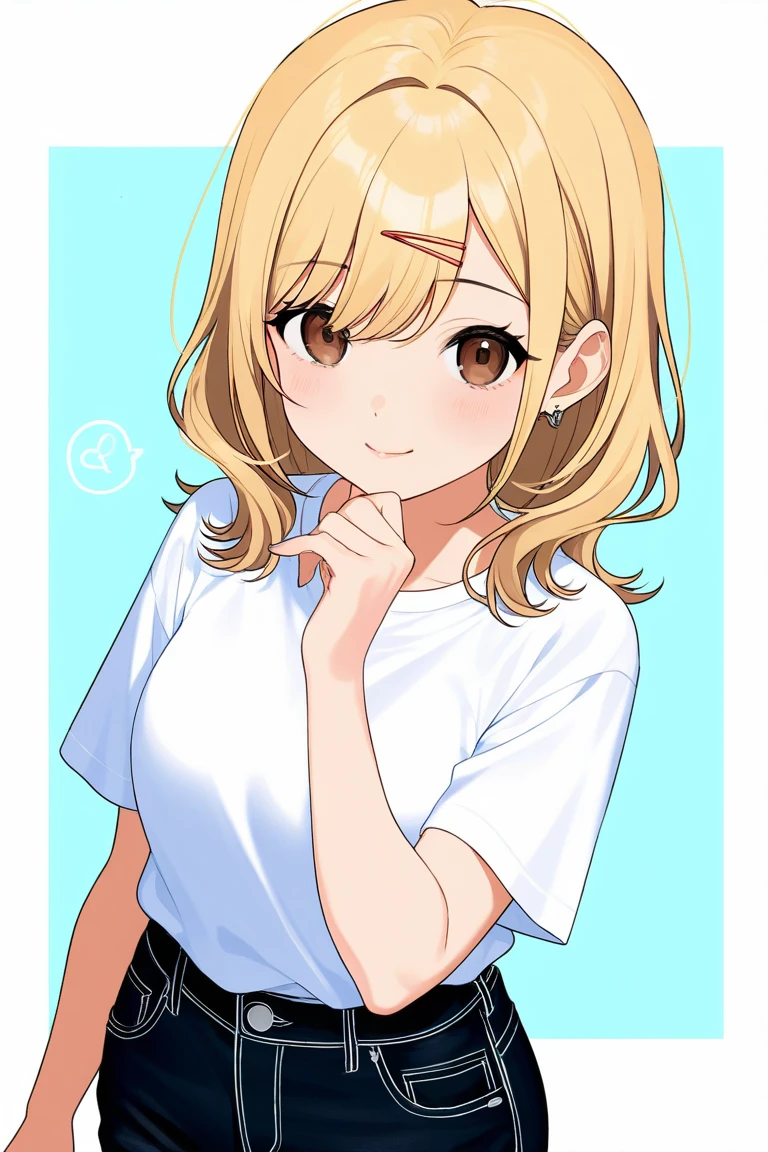  (Highest quality, High resolution, Pixel perfect, Depth of written border, 4K), (Detailed face), (1 girl), Perfect body, Blonde, (Both sides up), White T-shirt, (V-neck), (tight), (black suspender skirt), necklace, (Knee-high), (Are standing), Leaning forward, Put your hands on your knees, Embrace your chest, A light smile, Open your mouth, 