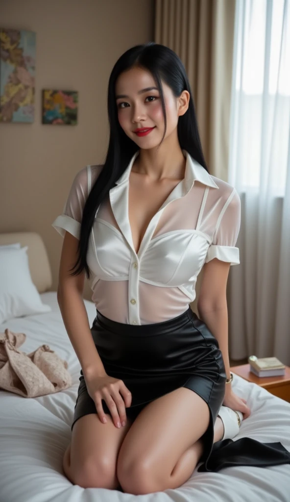 highly detailed, 8K, masterpiece, 1 girl, see through white shirt no bra , micro skirt,black thigh high , d cups chest,