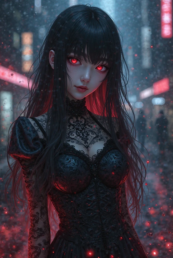 demon girl, Eyes red, black clothes and hair with red details, long, loose detective-like clothing, serious and seductive look, half-shiny eyes, very big tits, weak daylight