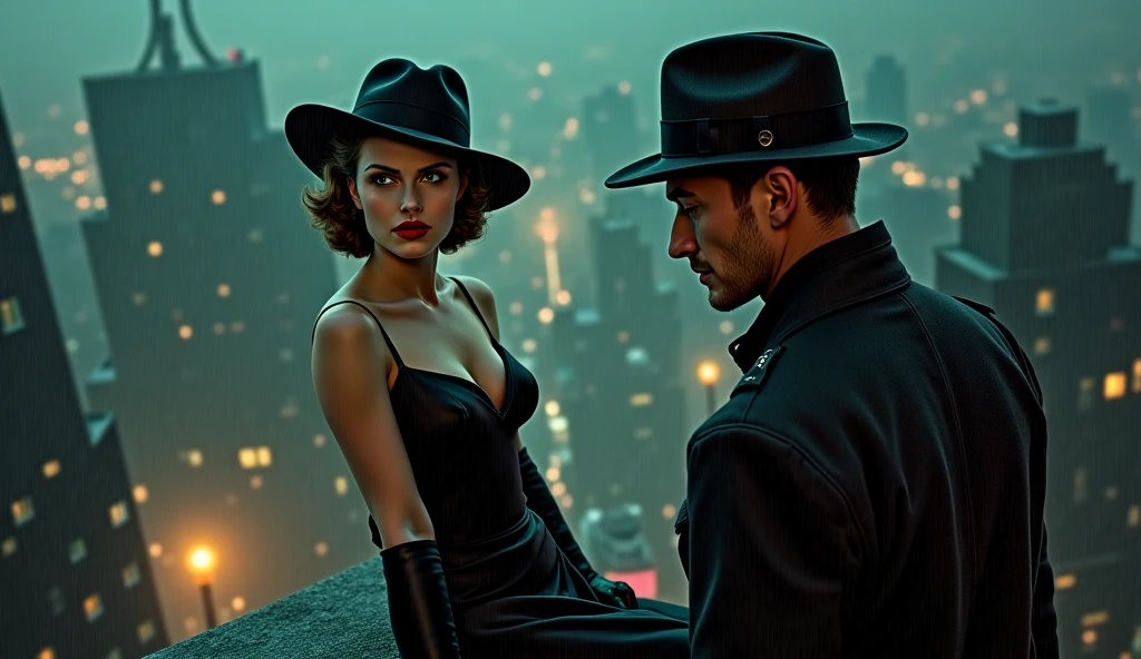 Film Noir Art Style: Aerial view of a rain-soaked 1940s cityscape at night, enveloped in deep shadows and mist. In the foreground, the femme fatale Evelyn (Physical Appearance: A striking woman in her late 20s with high cheekbones and a sharp jawline. Her pale skin contrasts starkly with her dark, piercing green eyes. Her lips are painted a deep crimson, set in a subtle smirk hinting at her dangerous allure.
Clothing: She wears a sleek, black, form-fitting dress reaching just below her knees, shimmering slightly under the dim city lights. A wide-brimmed hat is tilted elegantly, partially concealing her face in shadow, enhancing her enigmatic presence. Black high heels and tight-fitting satin gloves complete her attire.) is poised at the edge of a rooftop, ready to sprint. In the background, detective John (Physical Appearance: A rugged man in his mid-30s with a strong jawline and a five o'clock shadow. His piercing blue eyes exude unwavering determination. Weathered skin hints at a life spent on the streets.
Clothing: Dressed in a dark, double-breasted trench coat reaching his knees, flaring slightly as he moves. A classic black fedora with a tilted brim casts a shadow over his eyes. Worn leather gloves and polished, albeit scuffed, shoes complete his ensemble.) emerges from a doorway, eyes fixed on Evelyn. The city’s neon lights reflect off the wet rooftops, creating stark contrasts between light and shadow.