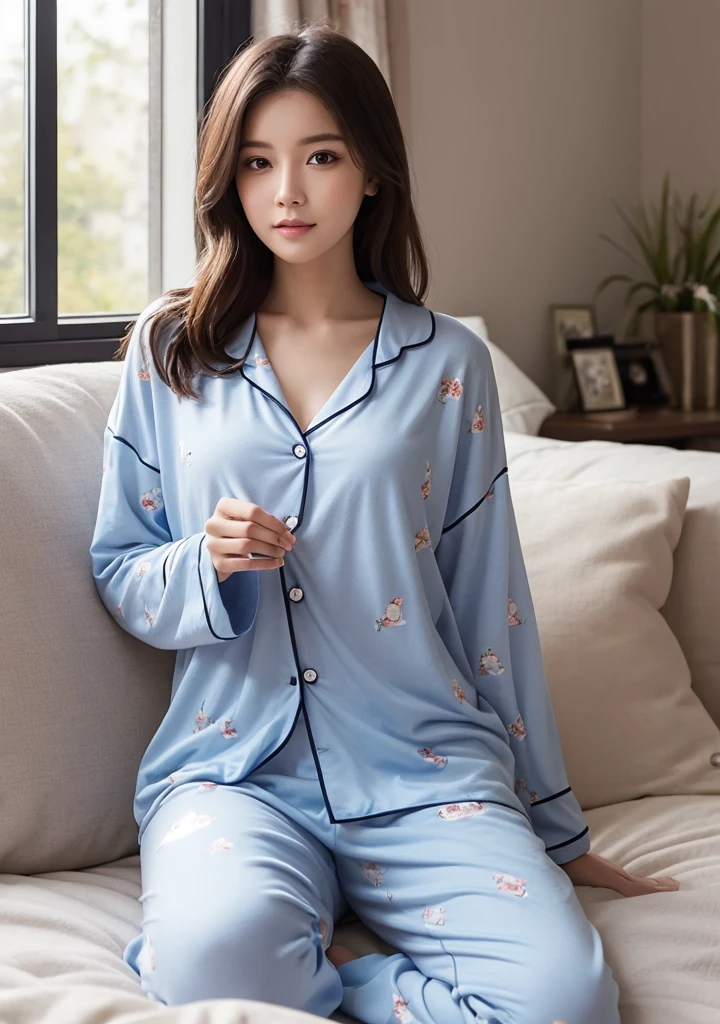 Woman sitting on a chair with a plant in a vase, cute and elegant pose, beautiful young Korean woman, Korean woman, gorgeous young Korean woman, Korean female fashion model, beautiful south Korean woman, lovely woman, Best Face, sitting in bedroom, Product introduction photo, milky skin, Korean woman, Take pictures in various poses, Wearing pajamas
