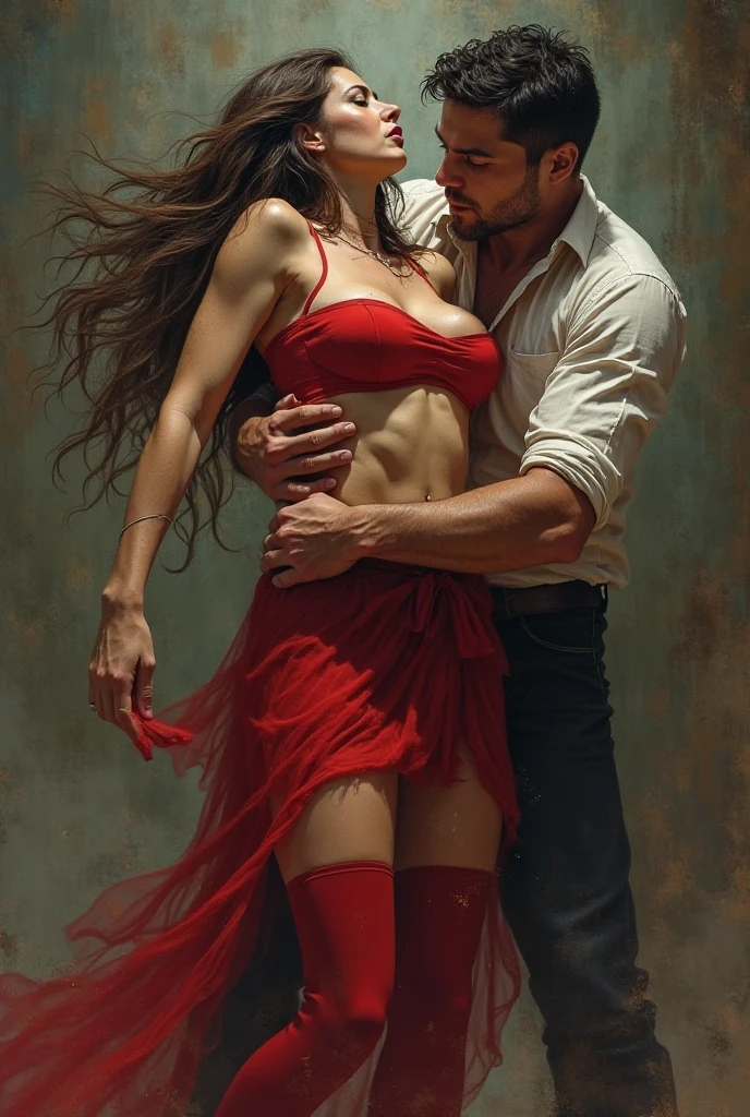 Generate an image of a muscular man effortlessly carrying a young beautiful women with long lustrous hair in red dress with heels on his left shoulder with her face towards his back and ground as if shes passed out in a club… he should be carrying her on his shoulder with her stomach on his shoulder … she should be sleeping on his right shoulder… his one hand should be free and she should be sleeping on his shoulder