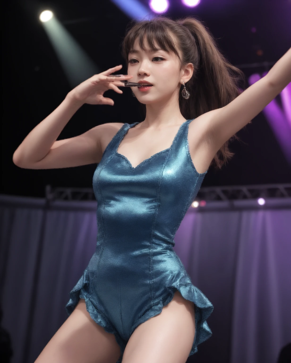 8K, masutepiece,(Hurricane Blue:1.3),(Japanese), Raw photo, Best Quality, Photorealistic, Highly detailed CG Unity 8k wallpaper, depth of fields, Cinematic Light, Lens Flare, Ray tracing, (Extremely beautiful face, Beautiful lips, Beautiful eyes),(no makeup),(long hair), intricate detail face, ((Ultra detailed skin)) 1girl in, In the Dark, deepshadow, Pretty Korean girl, Kpop Idol, 1 girl, (Very slim and slender fit muscular body:1.3),((front face:1.35)),((from front:1.35)), ((Looking away:1.35)),(surprised:1.2), (Midnight, a dark night, (Neon sign), (Blurred background), Dim light), (No people in the background:1.3), Bracelets, Clear eyes, Bending ,((Front shot)), (pale skin), (big eye ace forward, (Full body shot), (black hairs), open navel,((arms up:1.5)),((own hands together:1.4)), (Looking at Viewer:1.3), Very slim, medium breasts, (Camel toe), thick thighs, (fluttering mini dress), ((White Collar Dresses)), (Tight skirt), (Ultra mini skirt), exposed ass, (Upskirt Shot:1.5),(see-through:1.4),(Wet body:1.3),(Pubic area visible:1.6)
