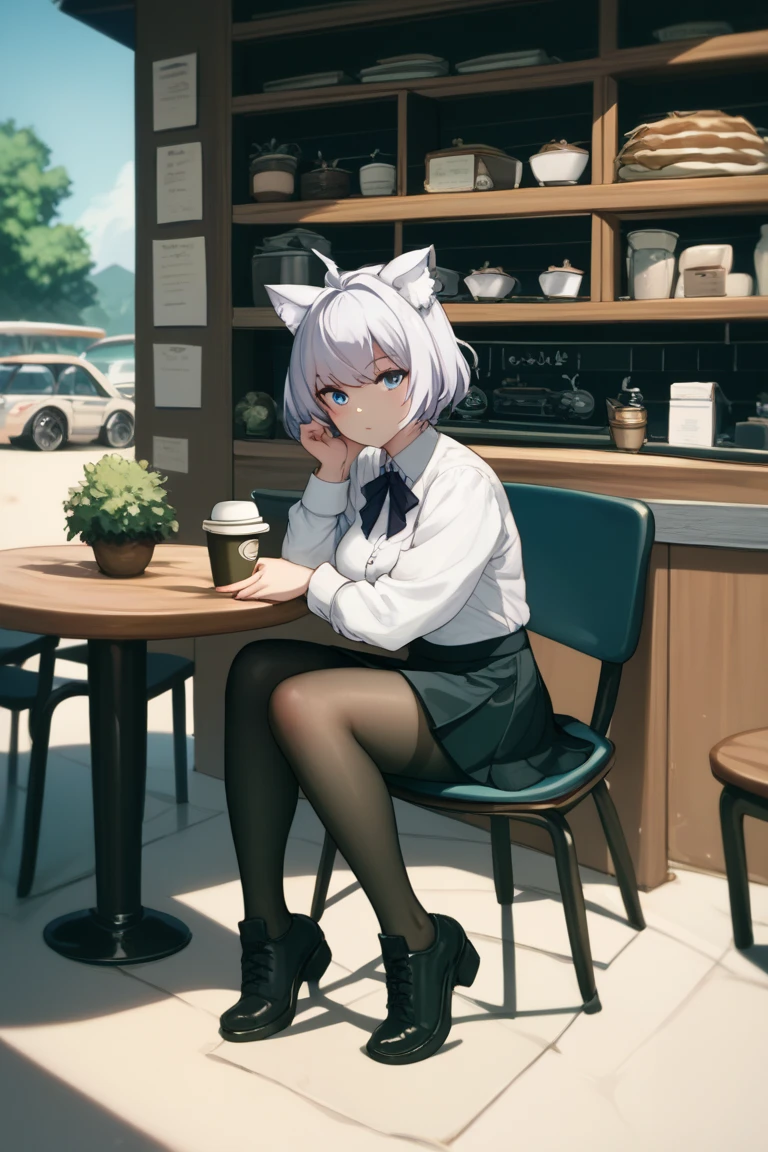 (masterpiece: 1.6, best quality), white and gray wolf, in human form, in a high-school uniform, sitting on a chair in a shop with a large window facing the street, drinking coffee, detailed cat, this Alone in the store but cars are seen outside, male cat, wolf ears, purple eyes