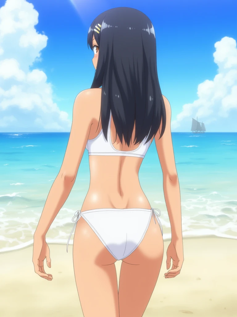 Yoruichi Shihoin ,tall ,muscle ,sexy ,tan skin ,wet ,big butt ,big ass ,big tits ,big boobs ,light yellow eyes ,dark purple long hair ,yellow bikini ,short sarong ,sexy pose ,close up ,facing away ,eyes contract ,beach ,4k ,high res