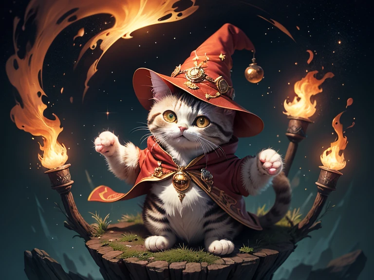 a wizard cat in a colorful fantasy setting, with a pointed hat and starry clothes, a fireball in one hand. cute and round, fluffy, cartoon, funny. high detail costume, warm and welcoming environment.
