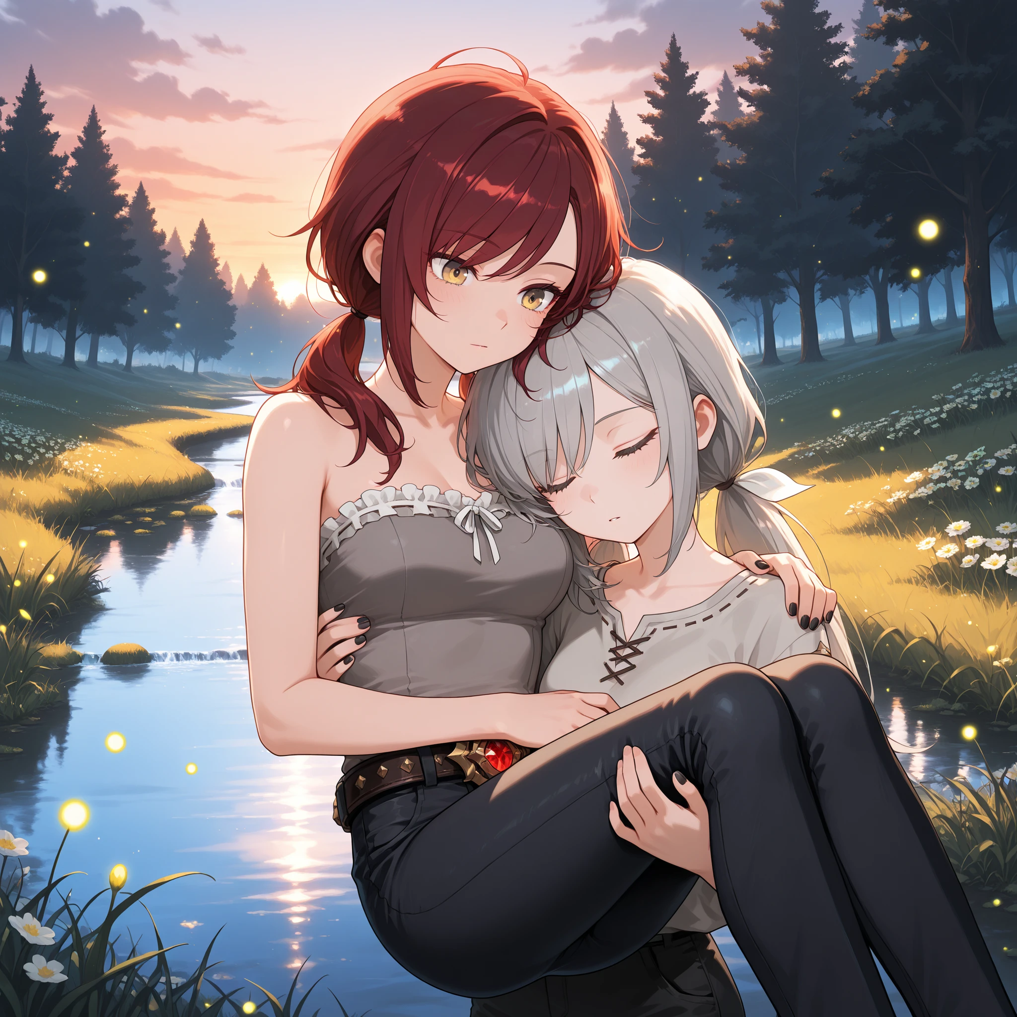 (masterpiece:1.2, Best Quality), (finely detailed beautiful eye: 1.2), (beautiful detailed face), comic strip, 2girls, carrying, princess carry, from side,, character: stoic expression,thin, Gray eyes, dark red hair, swept bangs, low twin tails, Gray eyes, dark red hair, swept bangs, low twin tails, white ribbons, strapless sleeveless shirt, gray shirt, shirt with white trim, frill trim, black jeans, black nails, character: thin, messy hair, sleeping, yellow eyes, long hair, gray hair, low ponytail, light skin, yellow eyes, gray shirt, sleeveless shirt, stitched shirt, black jeans, thin legs, thin thighs, swordbelt, sword sheathe, sword pommel, meadow, dusk, fireflies, few stars, trees, grass, flowers, stream,